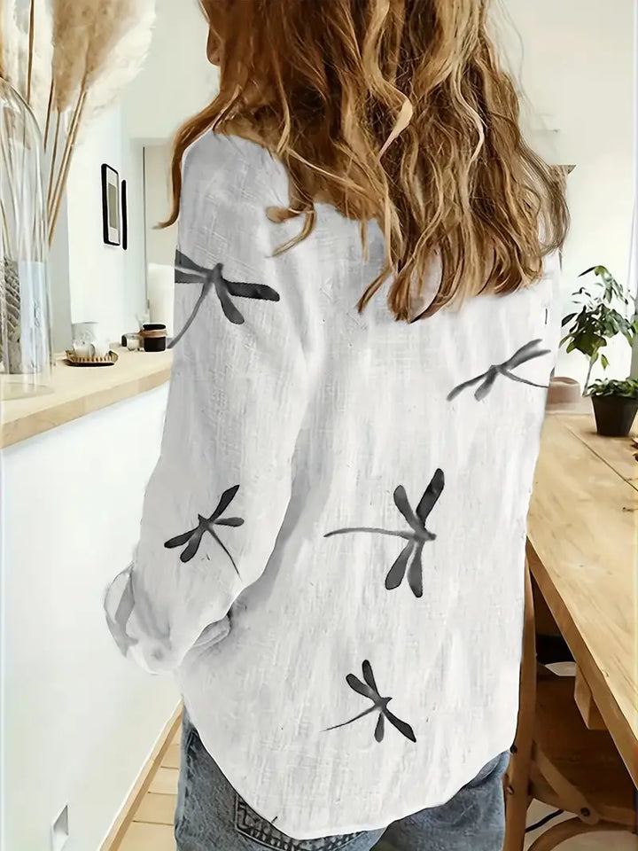 Melek - Casual Loose Fit Dragonfly Pattern Shirt
