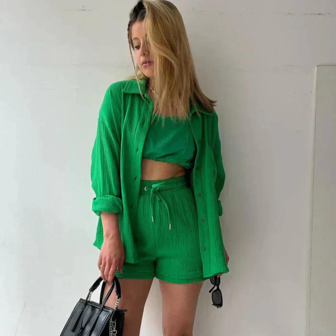 Katelyn - Two Piece Cotton Shirt And Shorts Set