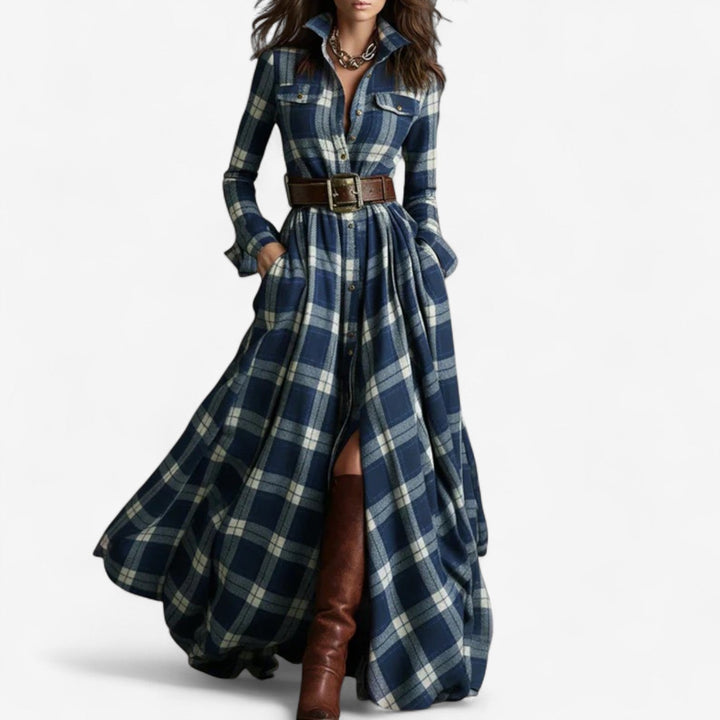 Renske - Plaid Maxi Shirt Dress with Belt