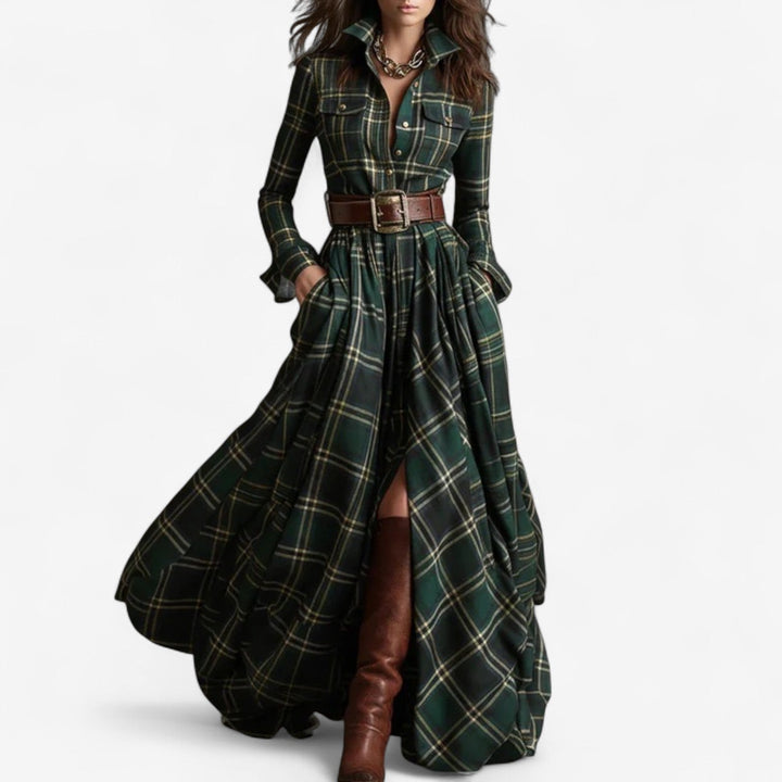 Renske - Plaid Maxi Shirt Dress with Belt