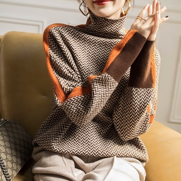 Heidemarie – Mottled Turtleneck Sweater With Striking Contrast Stripe