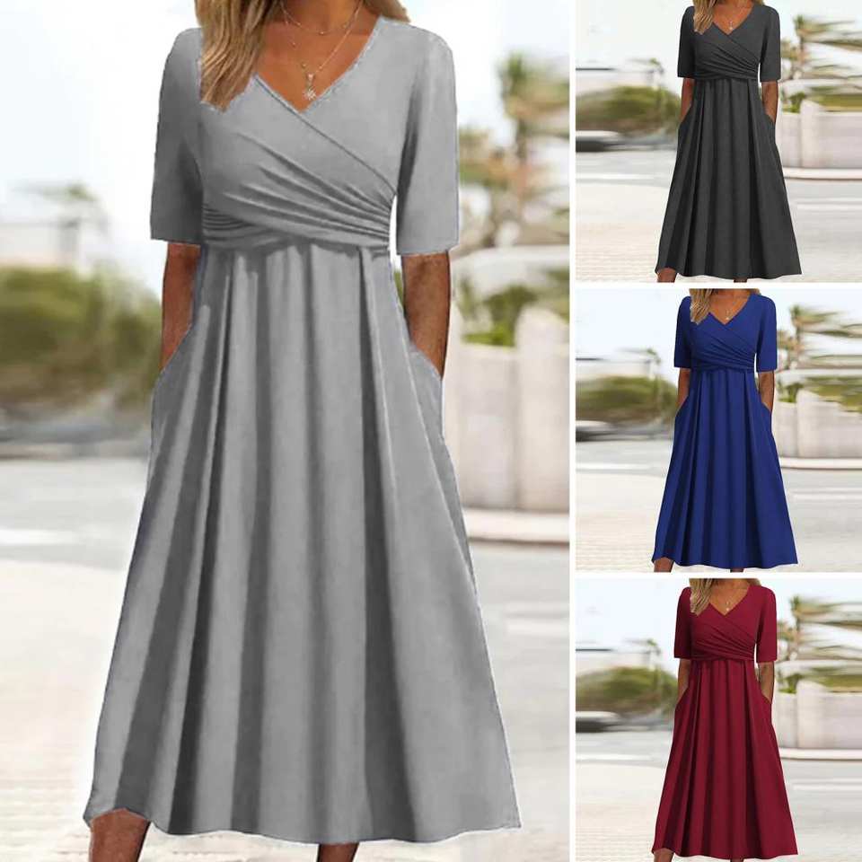 Nitha - Cross Pleated V-Neck Short Sleeve Dress