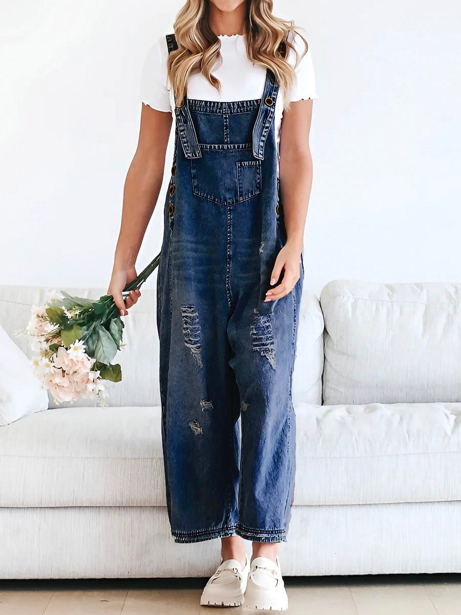 Clarice - Loose Fit Distressed Denim Overalls