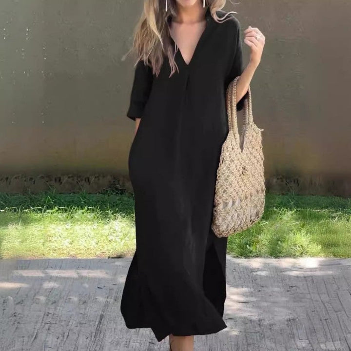 Fionja - Linen Casual Style V-Neck Dress