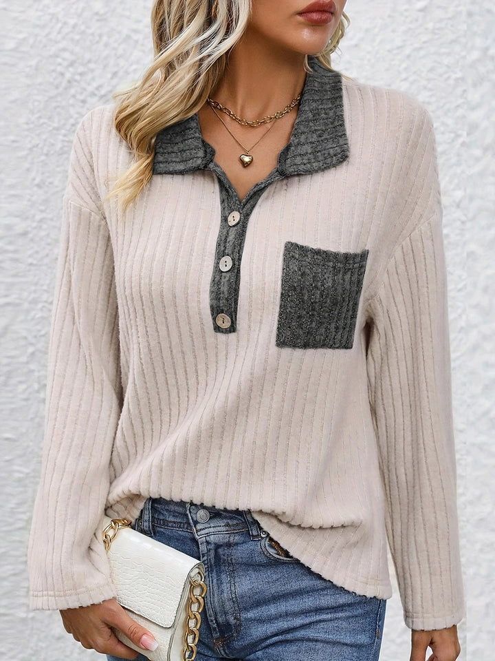 Yanna - Fashion Pit Stripe Polo Collar Button Top