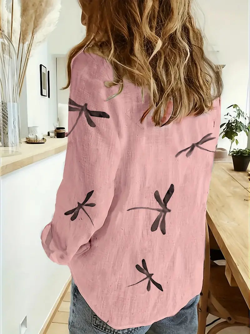Melek - Casual Loose Fit Dragonfly Pattern Shirt
