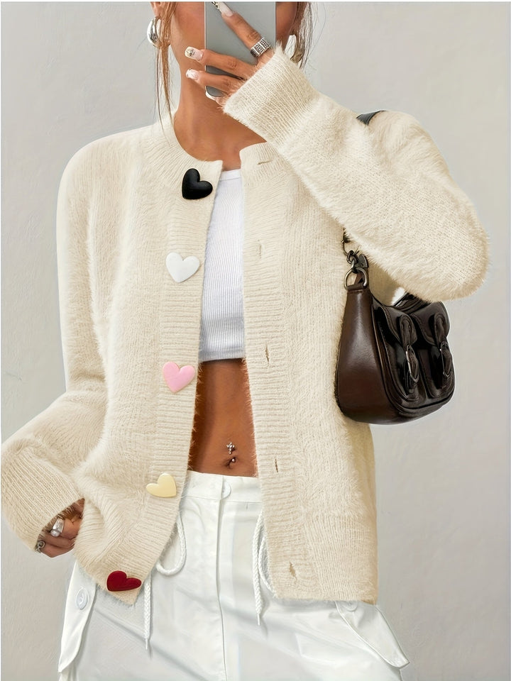 Smelissa - Heart Button Long Sleeve Knitted Cardigan