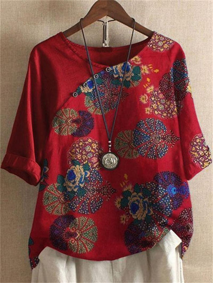 Adoria - Boho Floral Print Blouse with Button