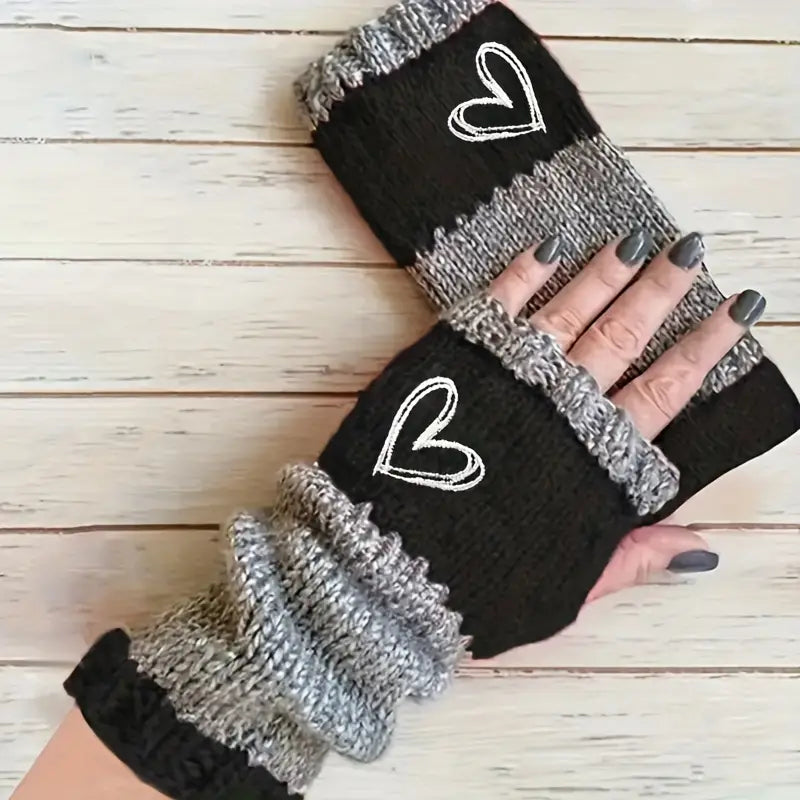 Eirlys - Knitted Fingerless Gloves With Heart Motif