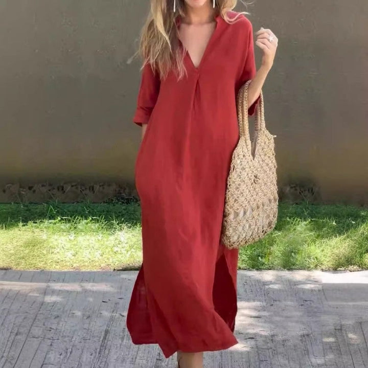 Fionja - Linen Casual Style V-Neck Dress