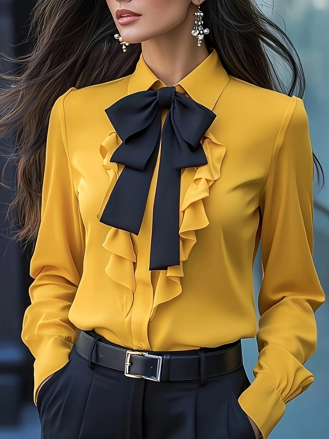 Dwyna - Long Sleeve Button Up Blouse With Ruffled Bow