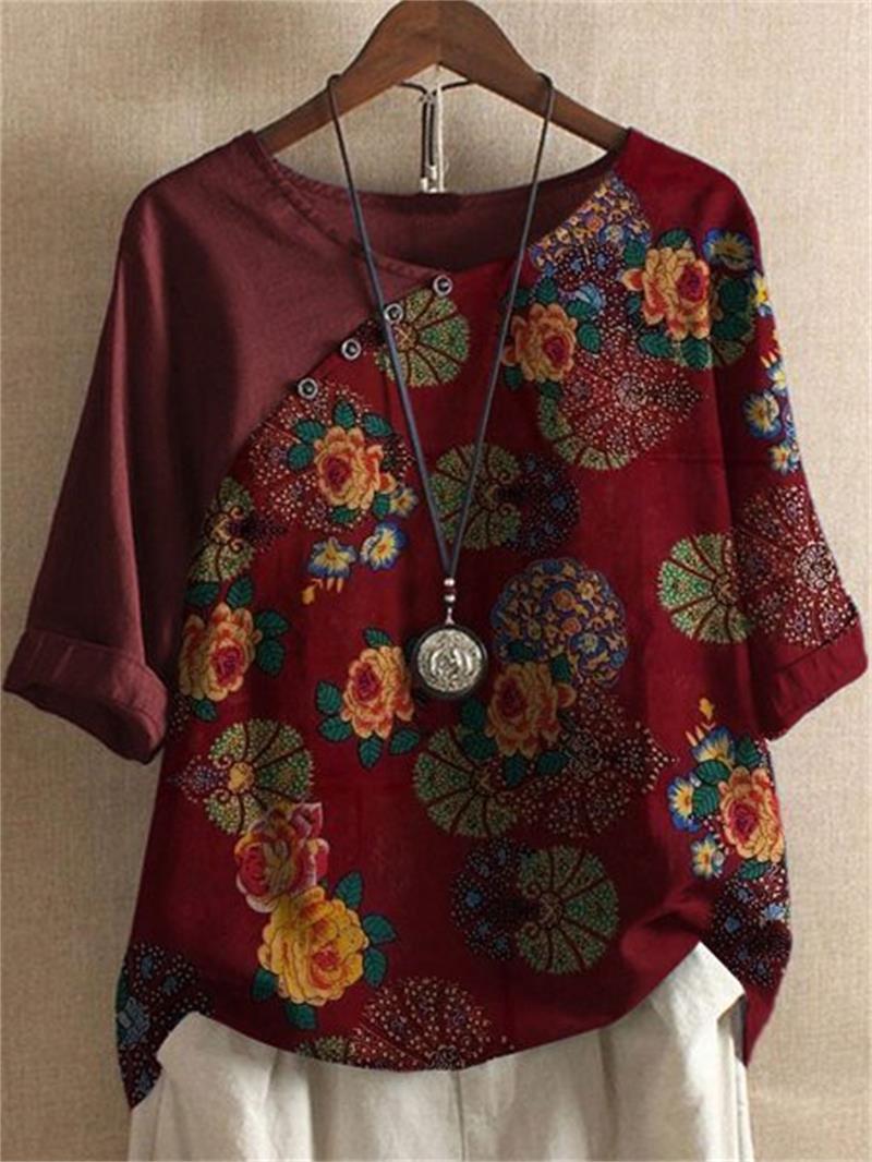 Adoria - Boho Floral Print Blouse with Button