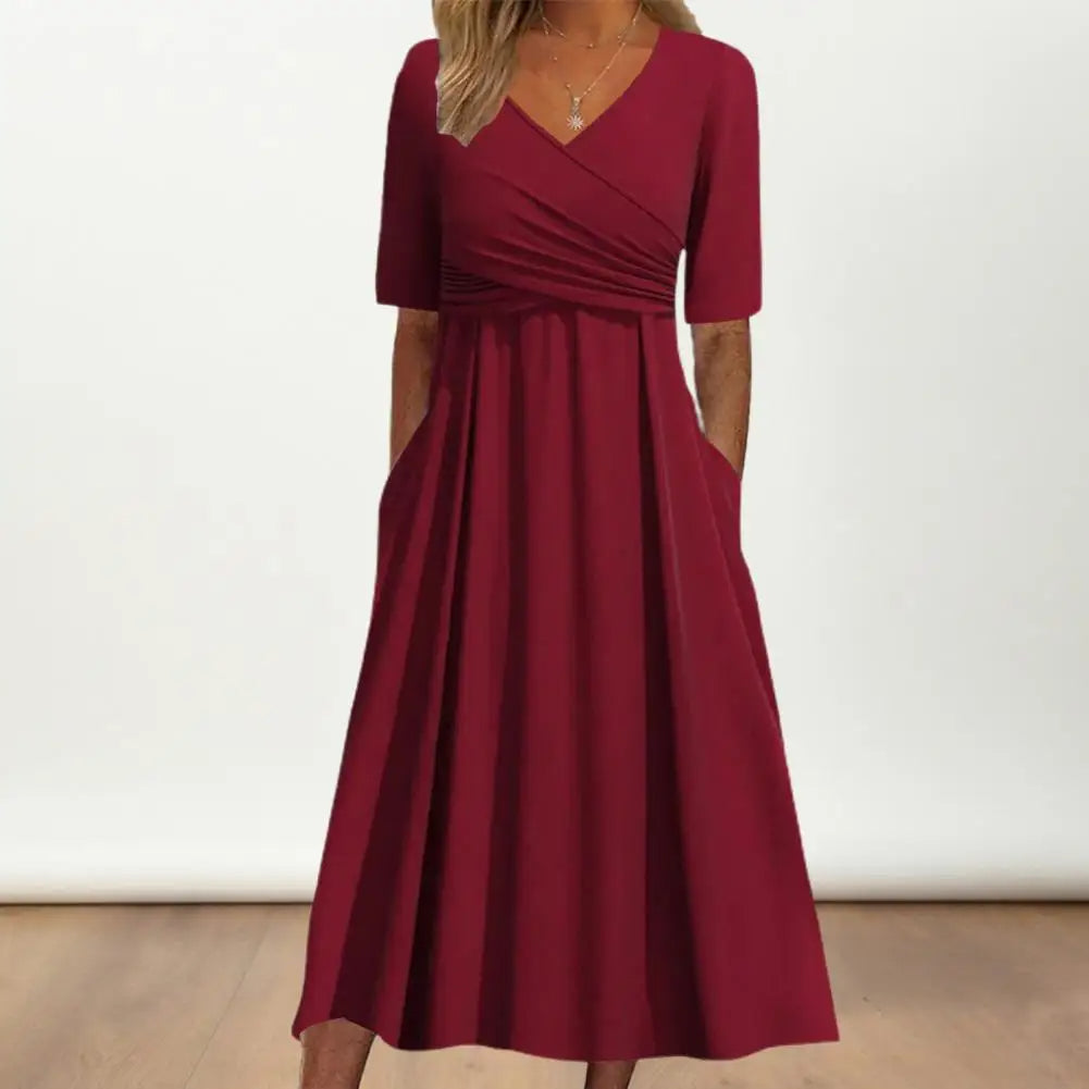 Nitha - Cross Pleated V-Neck Short Sleeve Dress