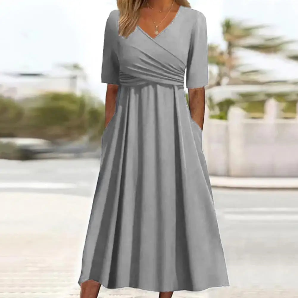 Nitha - Cross Pleated V-Neck Short Sleeve Dress