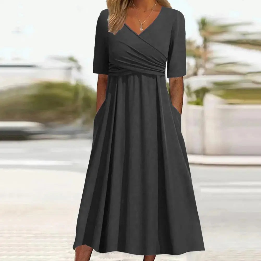 Nitha - Cross Pleated V-Neck Short Sleeve Dress