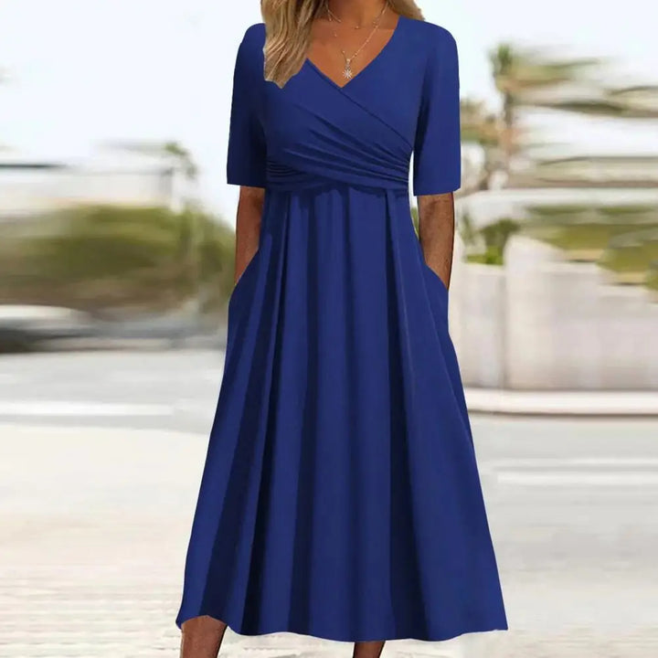 Nitha - Cross Pleated V-Neck Short Sleeve Dress