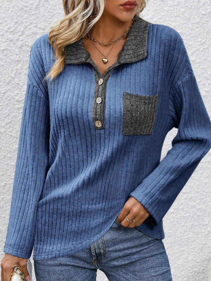 Yanna - Fashion Pit Stripe Polo Collar Button Top