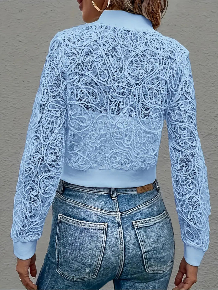 Andrina - Elegant Lace And Zip Up Crop Jacket