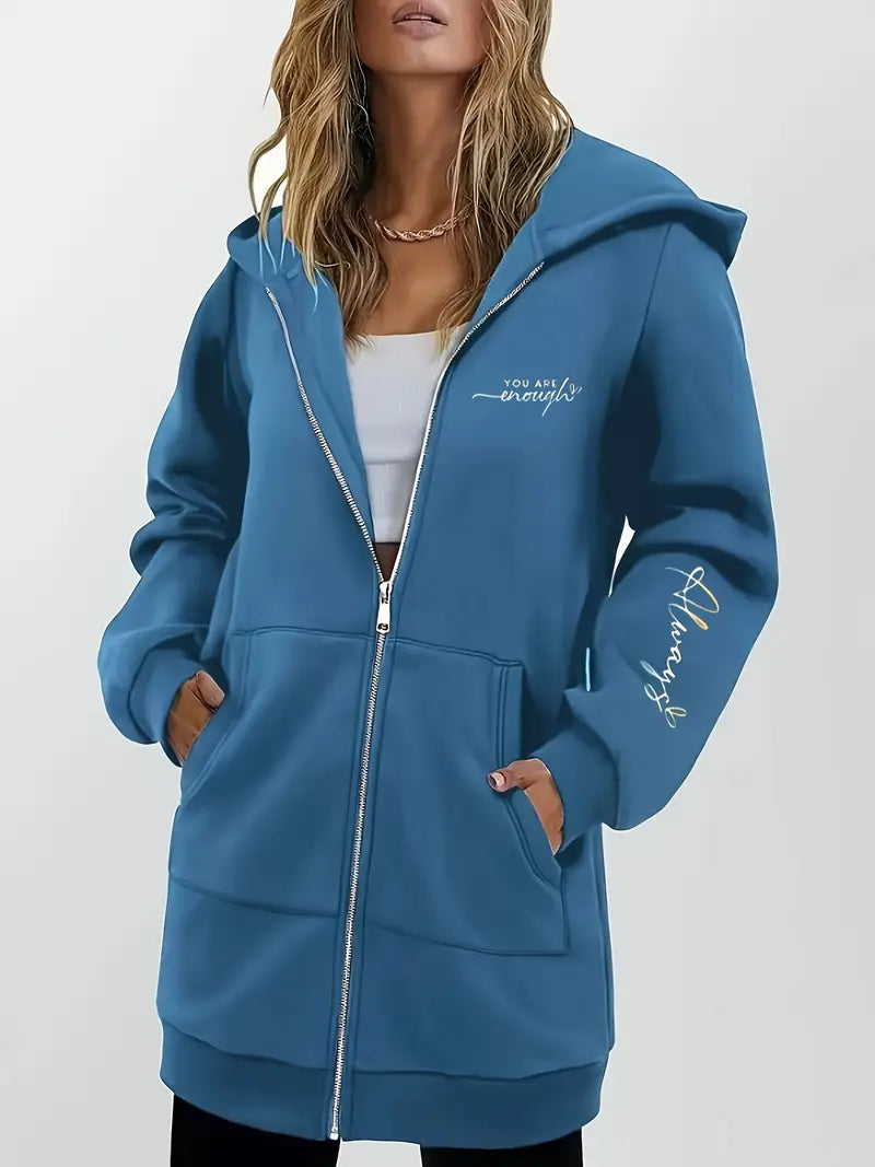 Angeleen - Geometric Print Zip-Up Hooded Jacket