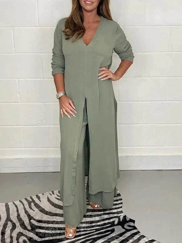 Melis - V Neck Two Piece Set with Slit