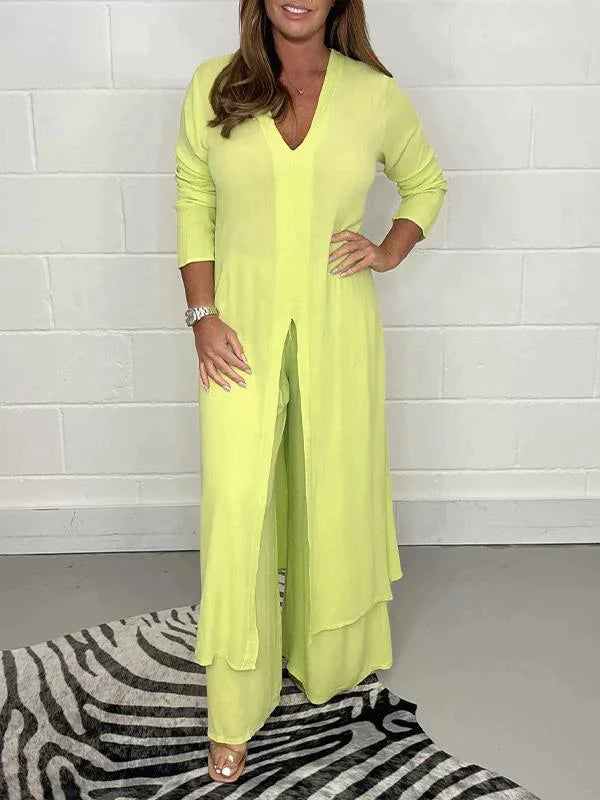 Melis - V Neck Two Piece Set with Slit