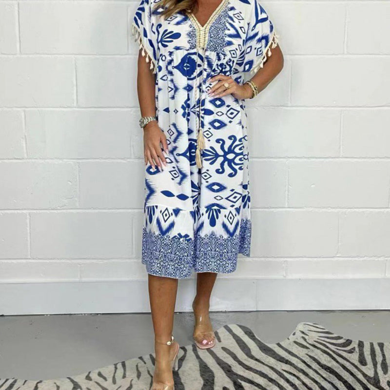 Alyex - Casual Printed Dress With V Neck