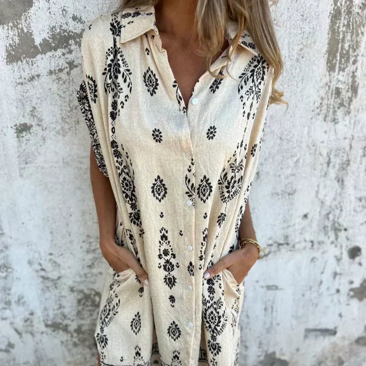 Marjorie - Loose Print Dress With Short Sleeves And Pockets