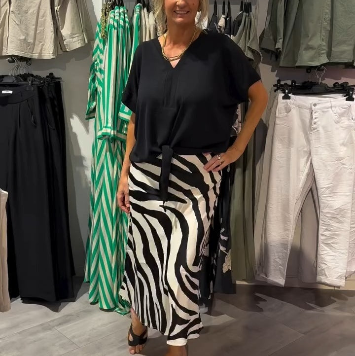 Aikaterine - Casual Knot Front Top And Midi Skirt Set