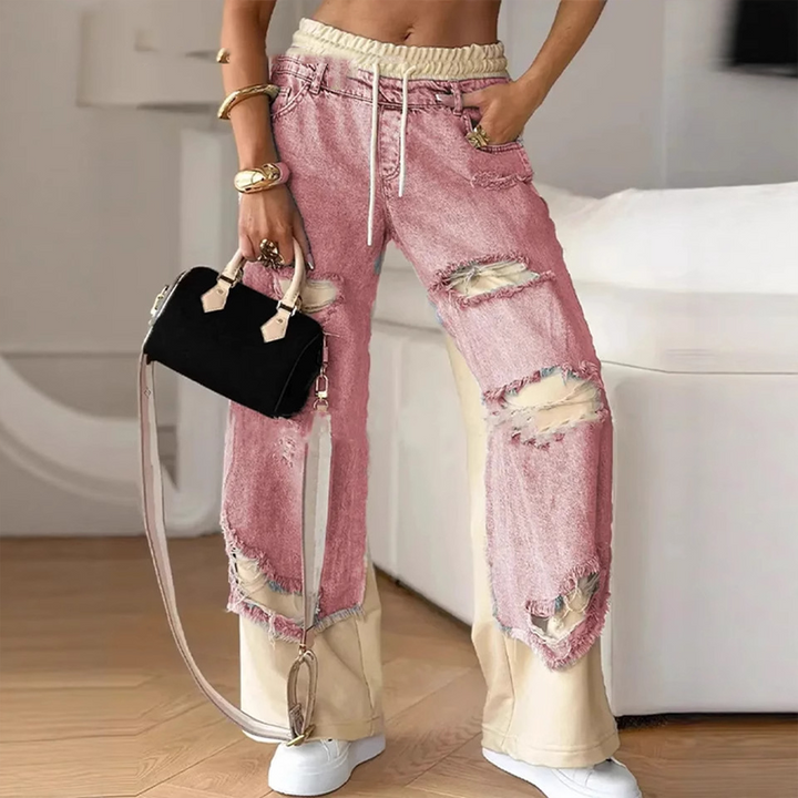 Keilani - Elastic Waist And Patchwork Denim Pants