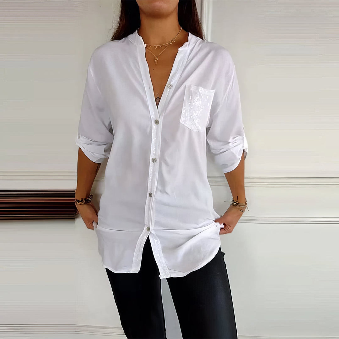 Franzina - Casual Loose Front Pocket Shirt with Button